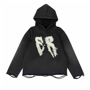 Sweat à capuche court vintage délavé noir, streetwear Y2K, 400 g/m², avec patch brodé et lettres, effet stone wash, ourlet brut - Product Image 3