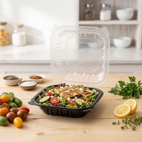 Boîte alimentaire rectangulaire longue en plastique à charnières, noire, pour emballage à emporter