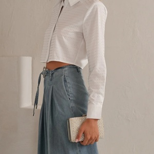 Nueva Llegada Otoño, Top Corto Tejido de Alta Calidad, Estilo Vintage con Cuello, Manga Larga, Algodón, Adornado con Pedrería - Product Image 2