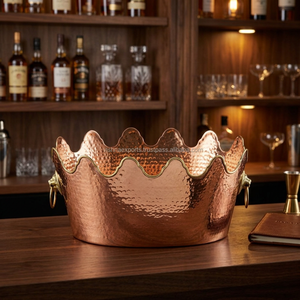 Seau à glace en cuivre fait main, bord festonné, poignées tête de lion, bac à boissons vintage en métal, forme ronde, pour fêtes - Product Image 3