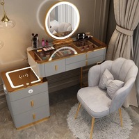 Coiffeuse moderne pliable en chêne massif avec miroir LED, station de charge sans fil, quincaillerie en acier inoxydable et tabouret pour chambre à coucher
