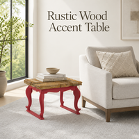 Table d'appoint carrée en bois rustique minimaliste avec pieds en métal rouge courbés pour chambre à coucher, salon et espaces commerciaux