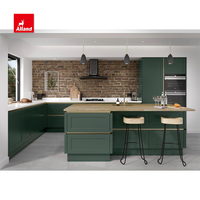 Alland 2025 Cuisine anglaise Armoire de cuisine en bois massif Design shaker Vert foncé Ensemble complet Robinet Charnières Accessoires Plan de travail stratifié