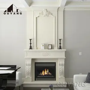 QUYANG Handcarved Modern kapalı fransız doğal taş Mantel bağlantısız beyaz mermer 2 katmanlı şömine Surround