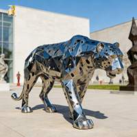 Sculpture de léopard géante RELONG en acier inoxydable argenté, design géométrique creux, statue en métal représentant une faune sauvage pour parc extérieur et jardin