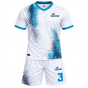 Ensemble maillot et short de football en polyester pour homme, blanc et bleu dégradé, sublimé, col en V, manches courtes, respirant, coupe athlétique, uniforme adulte - Product Image 1