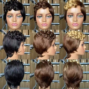 Perruque courte pour femme 100% cheveux humains, coupe pixie ondulée, noir naturel, bonnet <span class=keywords><strong>de</strong></span> perruque fabriqué à la machine - Product Image 5