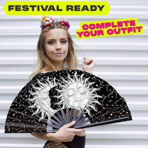Abanico Plegable de Bambú con Estampado Grande de Sol y Luna, Abanico de Mano con Diseño de Constelaciones Celestiales en Blanco y Negro, Accesorio para Festivales Rave - Product Image 2
