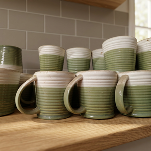 Ensemble de tasses en céramique rayées vert et blanc, finition mate, passe au micro-ondes, passe au lave-vaisselle, usage domestique, design minimaliste - Product Image 2