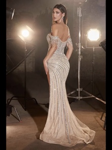 Püskül zarif boncuklu uzun balo elbise ile bayanlar seksi abiye kapalı omuz - Product Image 4