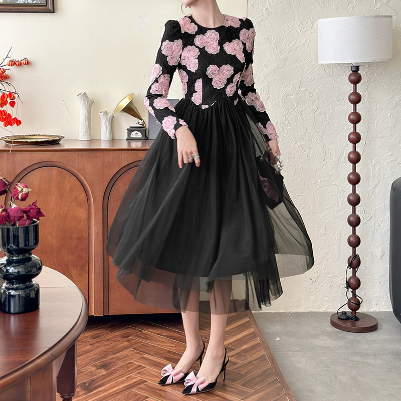 knee length dresses for ladies Josephine Long Sleeve Floral Ruffle Mini Dress - Black/Pink main image 0