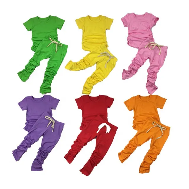 RTS 40 Colors Fall Kid Stacked Pants Baby Girls Clothing Sets Sportswear Joggers Outfits Sweatpants Leggings Mommy And Me