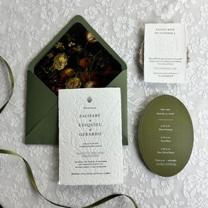 Invitations de mariage de luxe en papier fait main vert forêt, ensemble d'invitations en papier coton à bords festonnés pour fête de fiançailles et RSVP - Product Image 5
