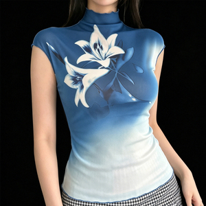 Floral Print Gradient Vintage Mesh T-Shirt Elegant Slim Fit Mock Neck Short Sleeve <b>Top</b> Women - Product Image 1
