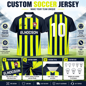 Camiseta de Fútbol Personalizada con Rayas Amarillas y Azul Marino, Manga Corta, Cuello en V, para Clubes, Aficionados, Equipos, Entrenamiento, Uniforme Escolar - Product Image 2