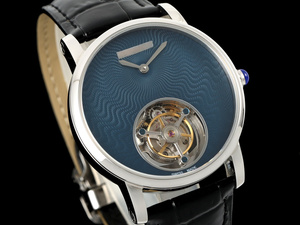 Montre mécanique automatique élégante et tendance, cadran gravé bleu profond, bracelet en cuir de crocodile noir mat, étanche - Product Image 2