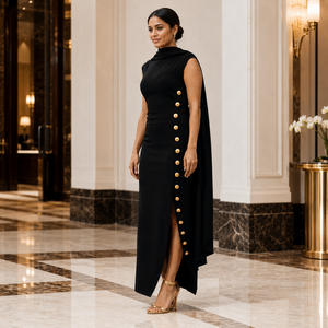<span class=keywords><strong>Robe</strong></span> de Soirée Personnalisée Femme Sans Manches Col Montant Cape Boutons Dorés Fente Haute Moulante Longue <span class=keywords><strong>Cocktail</strong></span> Formelle Vente en Gros - Product Image 4