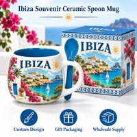 Tasse en céramique Souvenirs d'Ibiza, Espagne, avec cuillère, motif repère urbain, souvenir de voyage, tasse à café en porcelaine fine, personnalisable OEM ODM, vente en gros