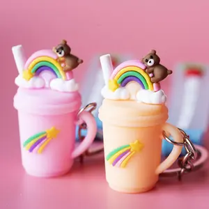 Simulated rainbow ice cream keychain, straw milk tea cup key ring pendant car key chain charm,pvc boba Garage Kit accessory