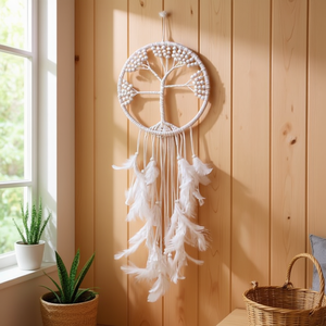 Attrape-rêves design arbre 20x70cm avec plumes blanches, décoration murale - Product Image 3