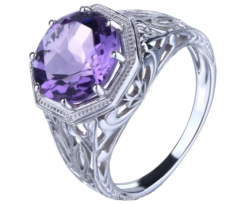 fashion Antique Amethyst stone 925 sterling silver Filigree Gemstone Ring