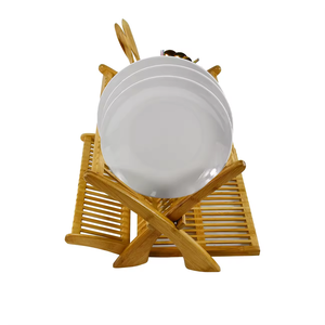 Support d'assiettes de cuisine en bambou pliable à 2 niveaux Armoires PC <span class=keywords><strong>Égouttoir</strong></span> d'évier à un niveau Plateau de rangement pour le séchage Organisateur de présentation - Product Image 3