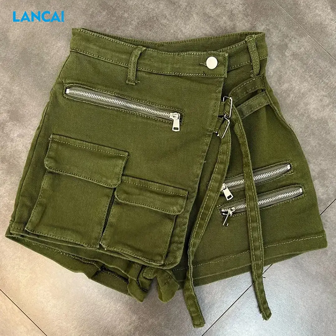 Custom Skorts Zomer Dames Cargo Korte Mini Potlood Hoge Taille Gebreide Dames Asymmetrie Rok Voor Dames Met Zakken Vintage