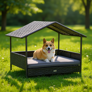 Lit pour chien et chat en rotin PE surélevé, gris, avec coussin, pour usage extérieur, lit rectangulaire pour animaux de compagnie, toutes saisons - Product Image 2