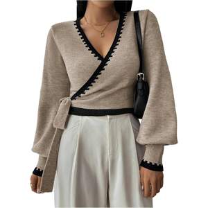 Pull court élégant en maille à manches longues et col en V avec ceinture, manches lanternes, pour femme – Idéal pour le bureau en automne - Product Image 3