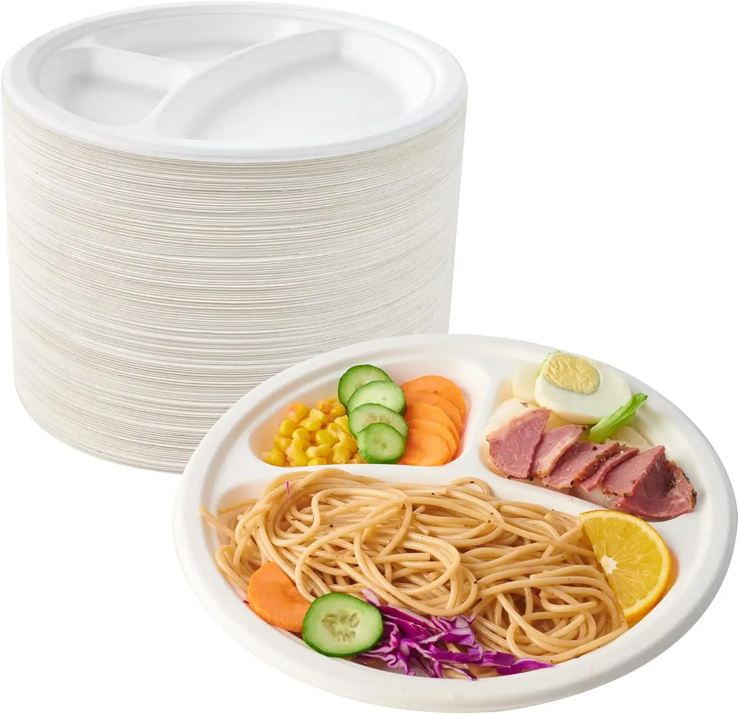 3 Compartment Plates, Heavy-Duty Disposable Biodegradable Paper Plates, Eco-Friendly Sugarcane Bagasse Divided Plates for Dinner