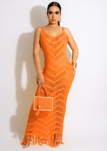 Último diseño verano playa lleva correa de punto Bikini traje de baño ganchillo borla Bikinis y ropa de playa Sexy Maxi Vestido de playa - Product Image 4
