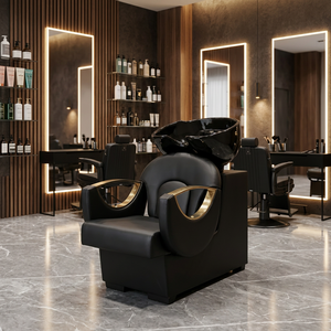 Sillón de Lavacabezas de Lujo Negro y Dorado con Lavabo de Cerámica para Salón de Belleza y Barbería - Product Image 1