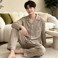 Pyjama Homme Lijia 2 Pièces Manches Longues Col Rabattu Ample Tailles L-3XL Vêtement Décontracté pour la Maison Quatre Saisons