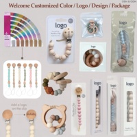 Vente en gros de clips de sucette en silicone avec perles en bois de hêtre, sans BPA, étuis porte-sucette pour bébés