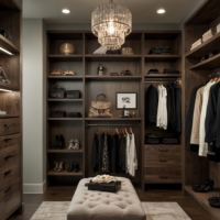 Dressing moderne de luxe en noyer foncé, pliable et peu encombrant, avec étagères ouvertes et banc capitonné pour Sydney, Australie