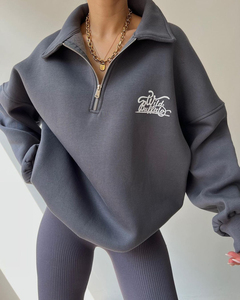 Sudadera con cremallera bordada Wild Buffalo para mujer, oversize, con hombros caídos, cuello alto, de punto, manga larga, casual de otoño - Product Image 1
