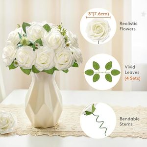 Fleurs artificielles Lifewit, 25 pièces, roses en mousse ivoire, aspect réaliste, tiges rustiques, romantiques, européennes, fausses roses, bouquets <span class=keywords><strong>de</strong></span> <span class=keywords><strong>mariage</strong></span> DIY - Product Image 5