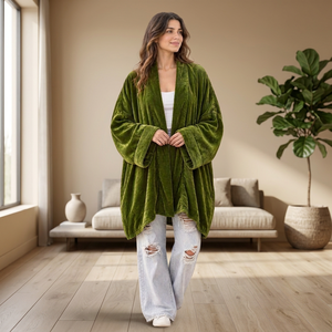 Women <b>Green</b> <b>Velvet</b> Kimono Cardigan Loose Fit Midi Length Casual Wear Polyester Material All Seasons Style India Pakistan Fashion - Product Image 3