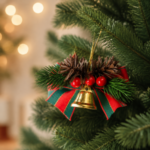 Klassieke gouden hoogwaardige houten kerstbel ornamenten, dennenappels, bessen, rode en groene lint strik voor boomkrans, feestdagen - Product Image 1