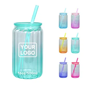 16oz BPA FREE Mason Jars Stripe Gradient Jelly Frosted Clear Glass Beer Mug With Plastic Straw Lid