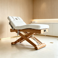 Table de massage électrique pour soins du visage, base en bois, 3 moteurs, table de massage de spa, table de traitement chauffée en cuir PU avec lumière LED pour salon de luxe
