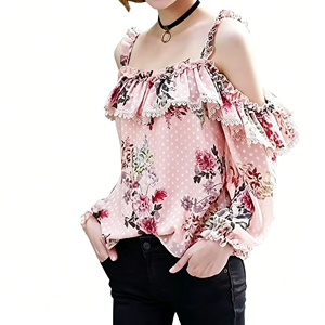 Camicette Sexy Coreane Traspiranti con Stampa, Moda Femminile in Chiffon con <span class=keywords><strong>Spalle</strong></span> <span class=keywords><strong>Scoperte</strong></span>, Maniche Lunghe e Volant - Product Image 1