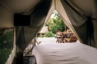 Tente de safari de luxe, glamping en plein air, hôtel imperméable, mini chalet en bois 5x7m