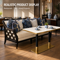 Banquette en bois sculpté avec revêtement crème pour restaurant, ensemble de banquettes pour café et hôtel