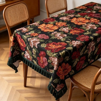 Nappe carrée de luxe exquise en jacquard floral tissé, motif peinture à l'huile, bordure à pompons, lourde, lavable, style rétro, pour décoration intérieure