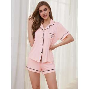 ชุดนอนผ้าถักใยไผ่แบบสบาย ระบายอากาศได้ดี แขนสั้น สำหรับผู้หญิง พร้อมโลโก้ด้านหน้า เหมาะสำหรับฤดูใบไม้ผลิ - Product Image 2