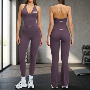 Ensemble de yoga col en V profond et dos nu, leggings taille haute sans couture, 2 pièces, couleur unie, tenue de sport pour femme - Product Image 1