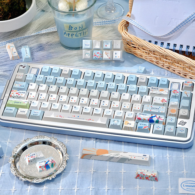 Custom PBT Dye Sublimation Keycaps Set Blue White Flower Theme Mechanical Keyboard Keycaps