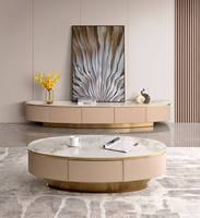 Table basse moderne haut de gamme circulaire, en bois massif avec plateau en pierre, style luxe léger, nouveau design minimaliste pour salon, taille domestique