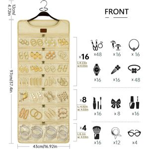 Hanging Jewelry Organizer Canvas Double Sided With Zippered Pockets For Earring Necklace Ring Storage Women Vintage Style - Product Image 3